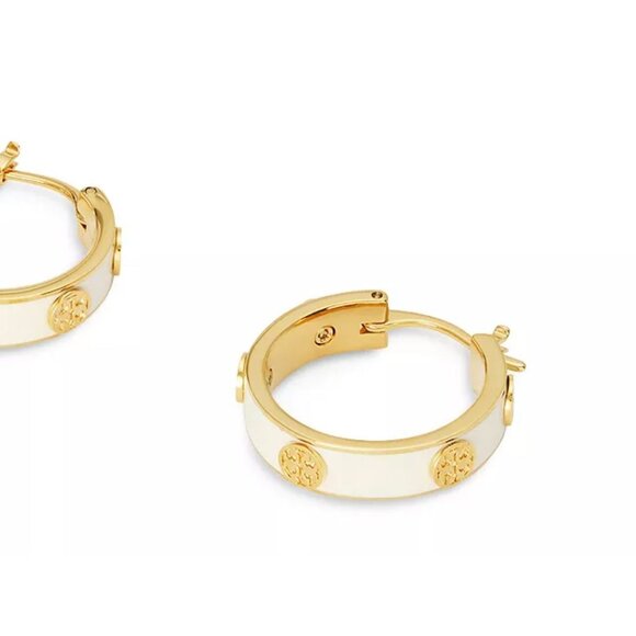 TORY BURCH WHITE AND GOLD MILLER HOOP EARRINGS - Picture 2 of 4